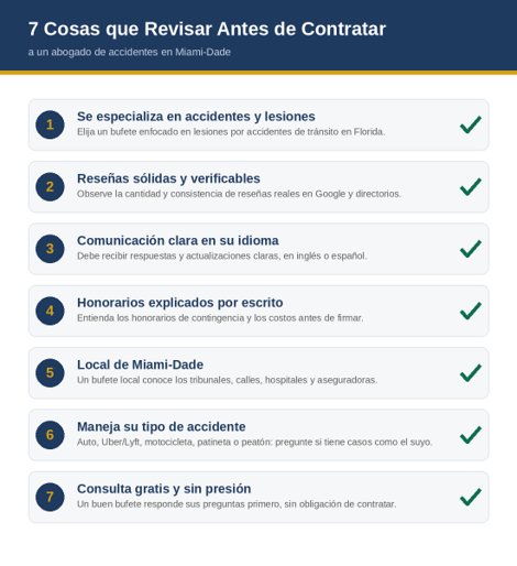 Lista de siete cosas que revisar antes de contratar a un abogado de accidentes en el condado de Miami-Dade, Florida